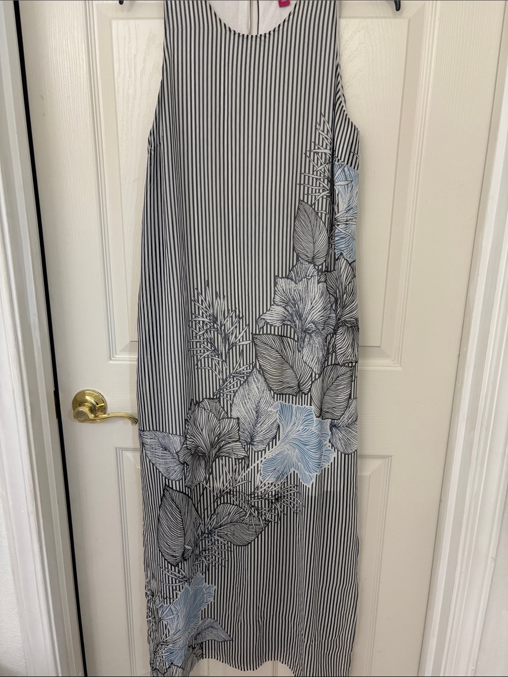 Vince Camuto Black and White Striped Maxi Dress with Blue Floral Accents